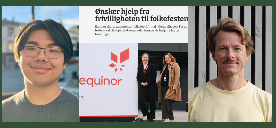 From left: Green politican in Harstad Kimi Nie-Nilssen, facsimile from Harstad Tidende where Equinor seeks volunteers for a "folkefest",  social anthropologist Tom Bratrud.